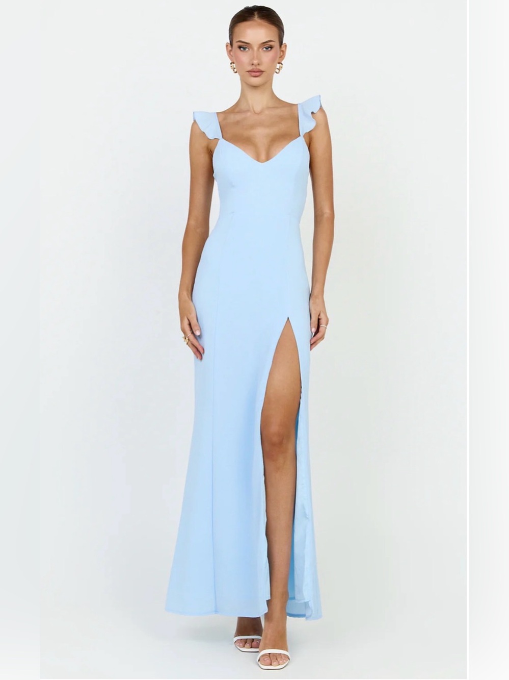 Showpo More Than This Maxi Dress Light Blue Ruffle Strap Backless Size 6